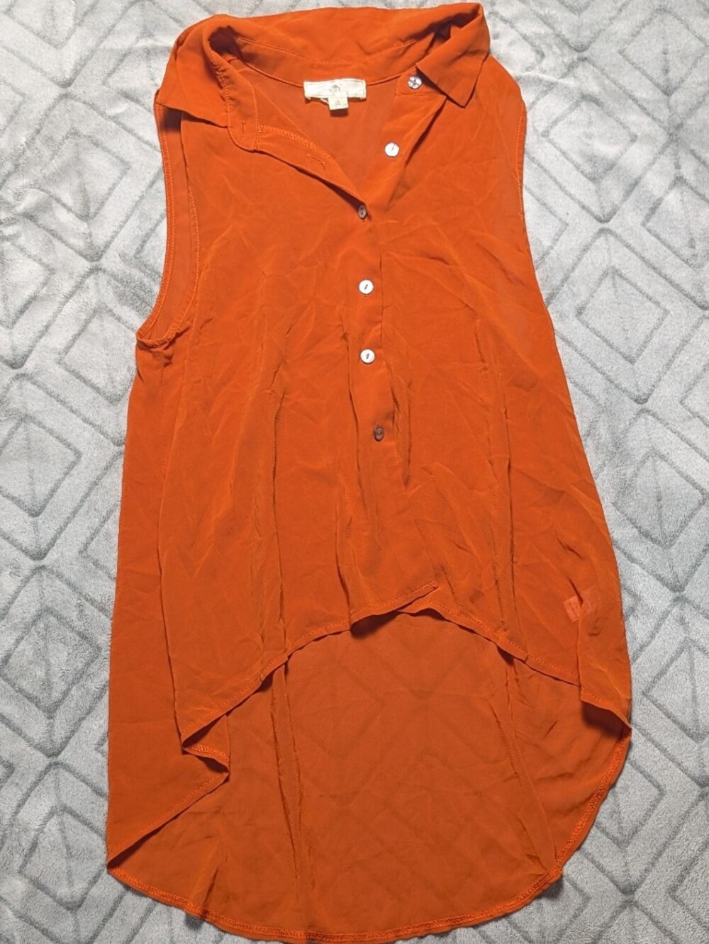 Iris Basic Sheer Orange Sleeveless High-Low Button Down Shirt